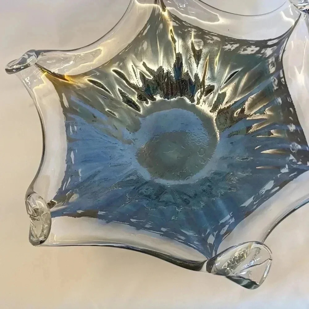 Hand Blown Murano Style Art Glass Bowl Dish Blue Metallic - Picture 4 of 5